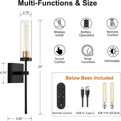 Wireless Wall Sconces with Remote Control, Battery Operated Wall Sconce Set of 2, Black & Gold Rechargeable Dimmable Wall Light for Bedroom Living room Bathroom Hallway Entryway Stairwell, 3000K