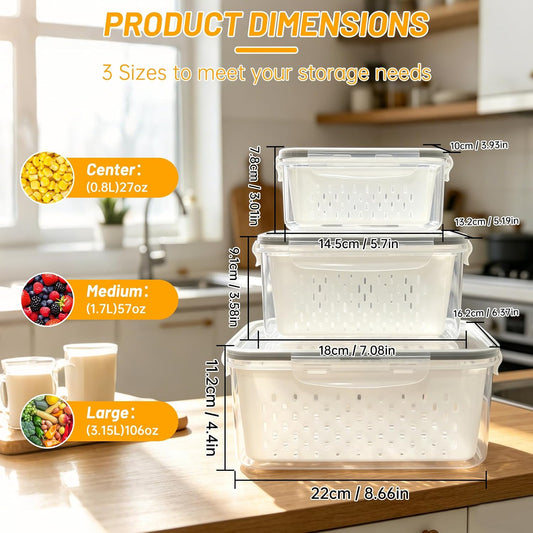 3 Pack Fruit Storage Containers for Fridge with Removable Colander | 3 BPA-free produce storage containers with colanders, airtight lids and stackable design for fruits and vegetables.