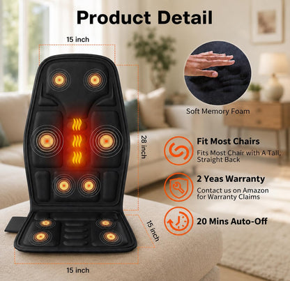 SLOTHMORE Vibration Back Massager for Chair with Heat, Chair Massager Pad with 8 Vibration, Massage Seat Cushion for Office Chair, Home Recliner & Sofa, Relaxing Gifts for Mom & Dad