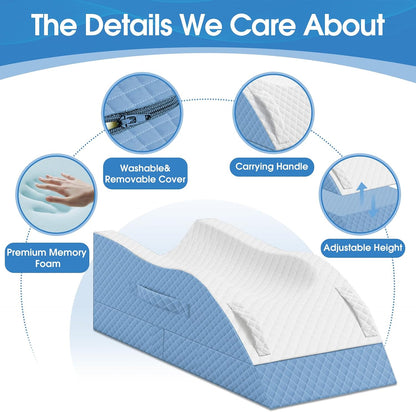 TranquilRelax Leg Elevation Pillows for After Surgery, Wedge Pillow, Grey | Memory Foam, All-around Knee & Ankle Support for Swelling, Height-adjustable, Nop-Slip Bottom, Washable Cover, Single-leg