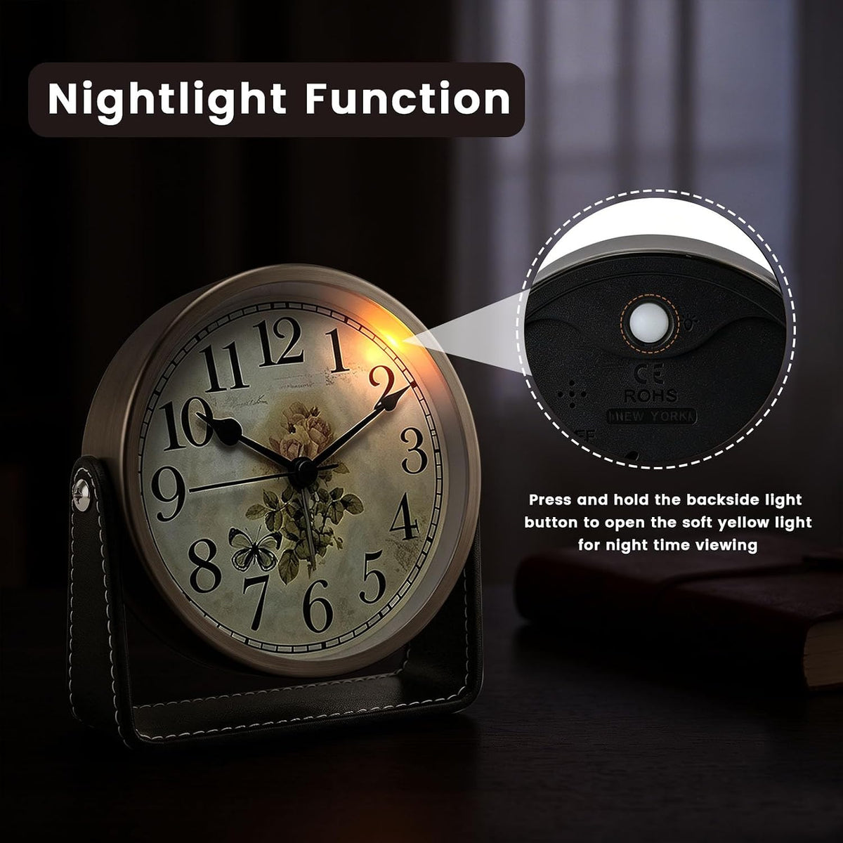 Analog Alarm Clock - 4.5" Silent Non Ticking Small Clock with Light, Rotatable Stand Metal Desk Clock Battery Operated, Simple Design for Living Room Decor/ Bedroom/Bedside/Shelf (Black & White)