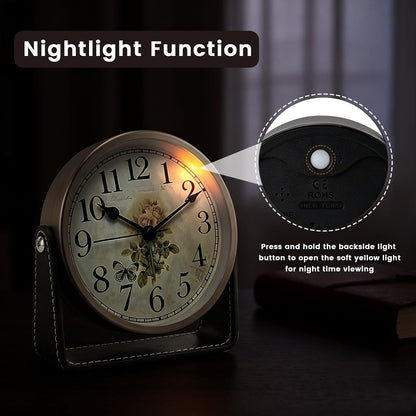 Analog Alarm Clock - 4.5" Silent Non Ticking Small Clock with Light, Rotatable Stand Metal Desk Clock Battery Operated, Simple Design for Living Room Decor/ Bedroom/Bedside/Shelf (Black & White)