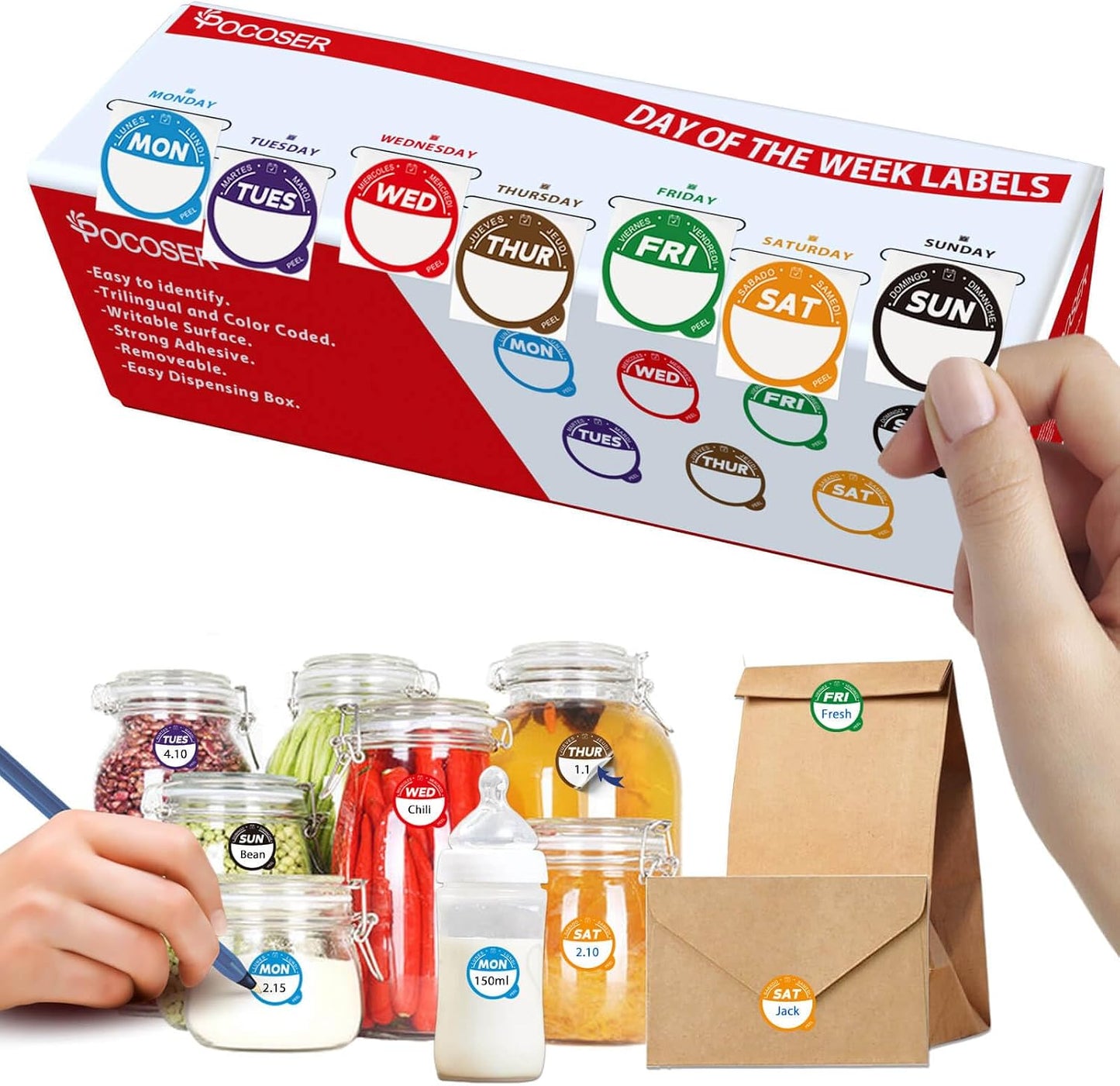 Label Stickers for Food Containers with Dispenser Box, Removable Day Dot Food Labels Peel Tab 7 Day of The Week for Home Freezer Restaurant Supplies Week Monthly Planners Meal Prep Accessory