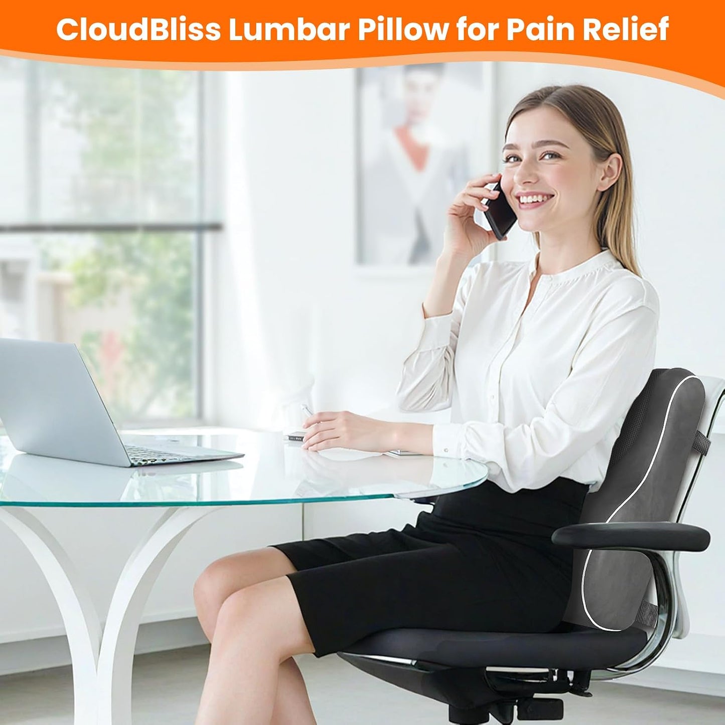 CloudBliss Lumbar Support Pillow, Memory Foam for Office Chair, Black | Ergonomic High-Density Memory Foam, Adjustable Straps, Washable Mesh Cover, Lower Back Support for Office, Gaming & Car Seat