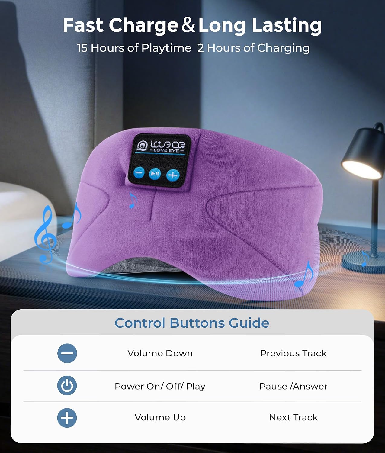 LOVE EYE Sleep Headphones Bluetooth 5.4 Sleeping Eye Mask Wireless Music Earphones with Built-in HD Speakers for Side Sleepers Cotton Sleeping Headphones for Women Men Gifts (Lavender Purple)