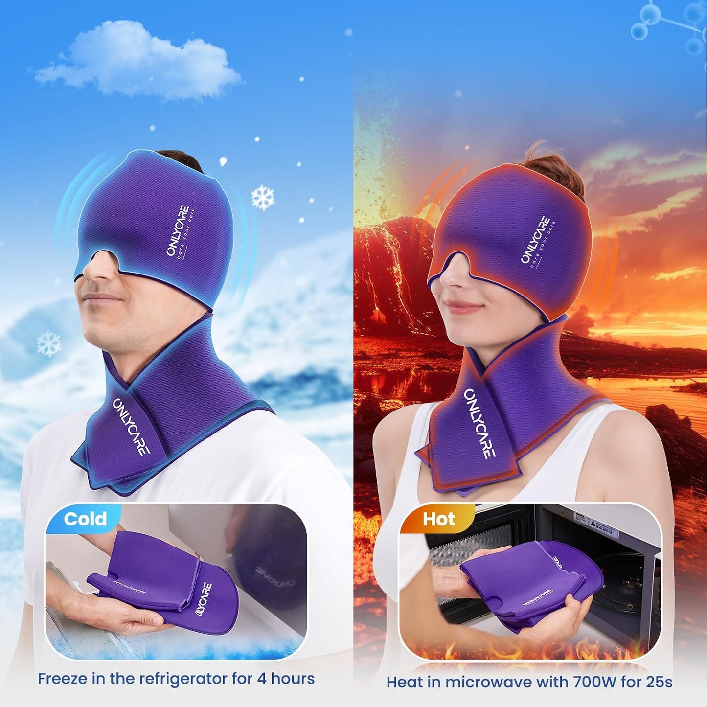 ONLYCARE Migraine Relief Cap, Headache Relief & Neck Ice Pack Wrap Gel Set | Upgrade Headache Cap and Shoulder Cold Pack, Hot & Cold Compress, FSA-HSA Eligible, Relief of Pain, Swelling, Office Pressure
