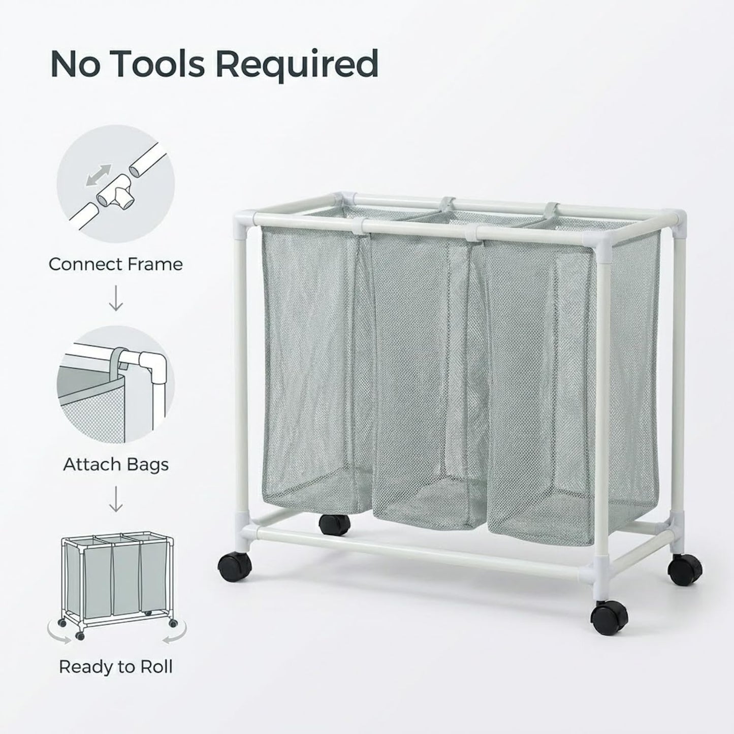 3 Section Laundry Hamper with Wheels & Lid, Large Rolling Laundry Basket Organizer, Durable Mesh Bags for Laundry Room Organizer, Easy Assembly, 29.5L x 19W x 30.5H Inches