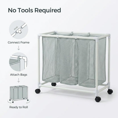 3 Section Laundry Hamper with Wheels & Lid, Large Rolling Laundry Basket Organizer, Durable Mesh Bags for Laundry Room Organizer, Easy Assembly, 29.5L x 19W x 30.5H Inches