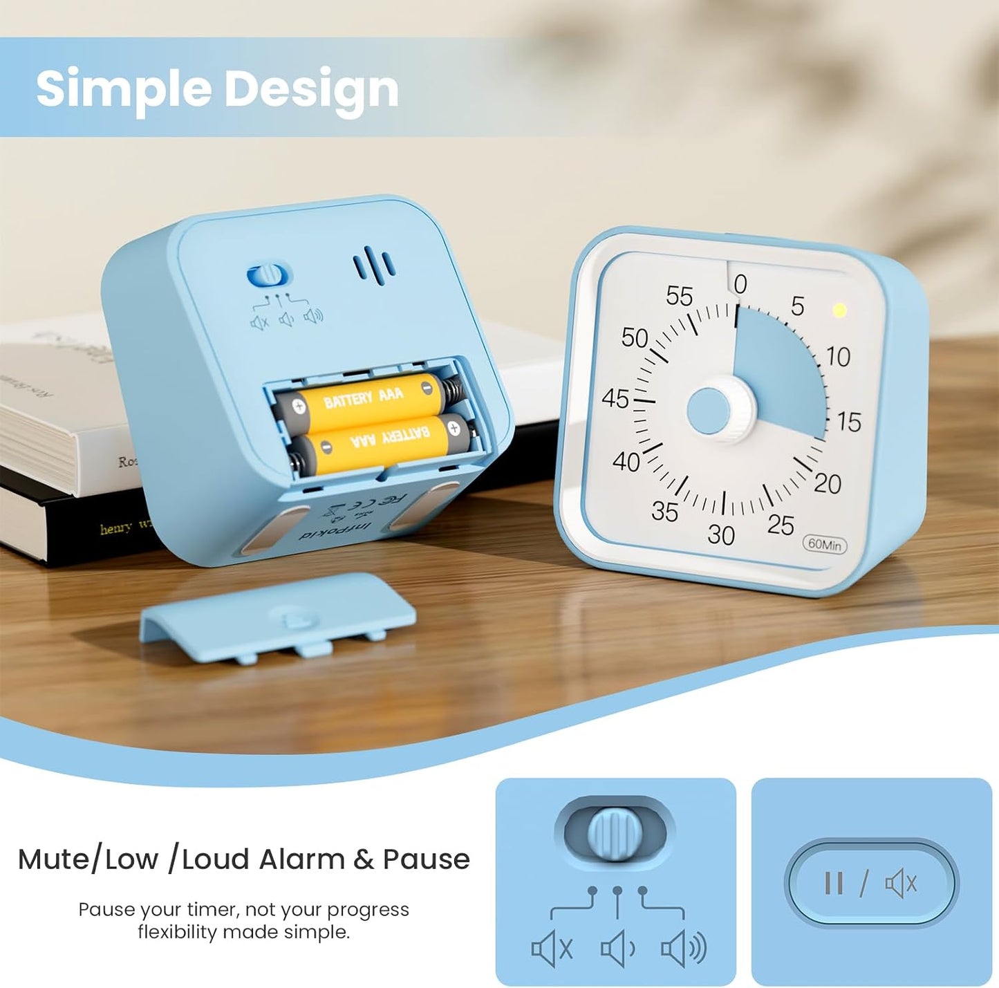 Visual Timer for Kids, Countdown Timer with Pause Function, White | Timer for Kitchen Cooking, Classroom, Study, Toddler, ADHD, Cute Timer Clock, Alarm 3 Volume Levels, Light Indicator
