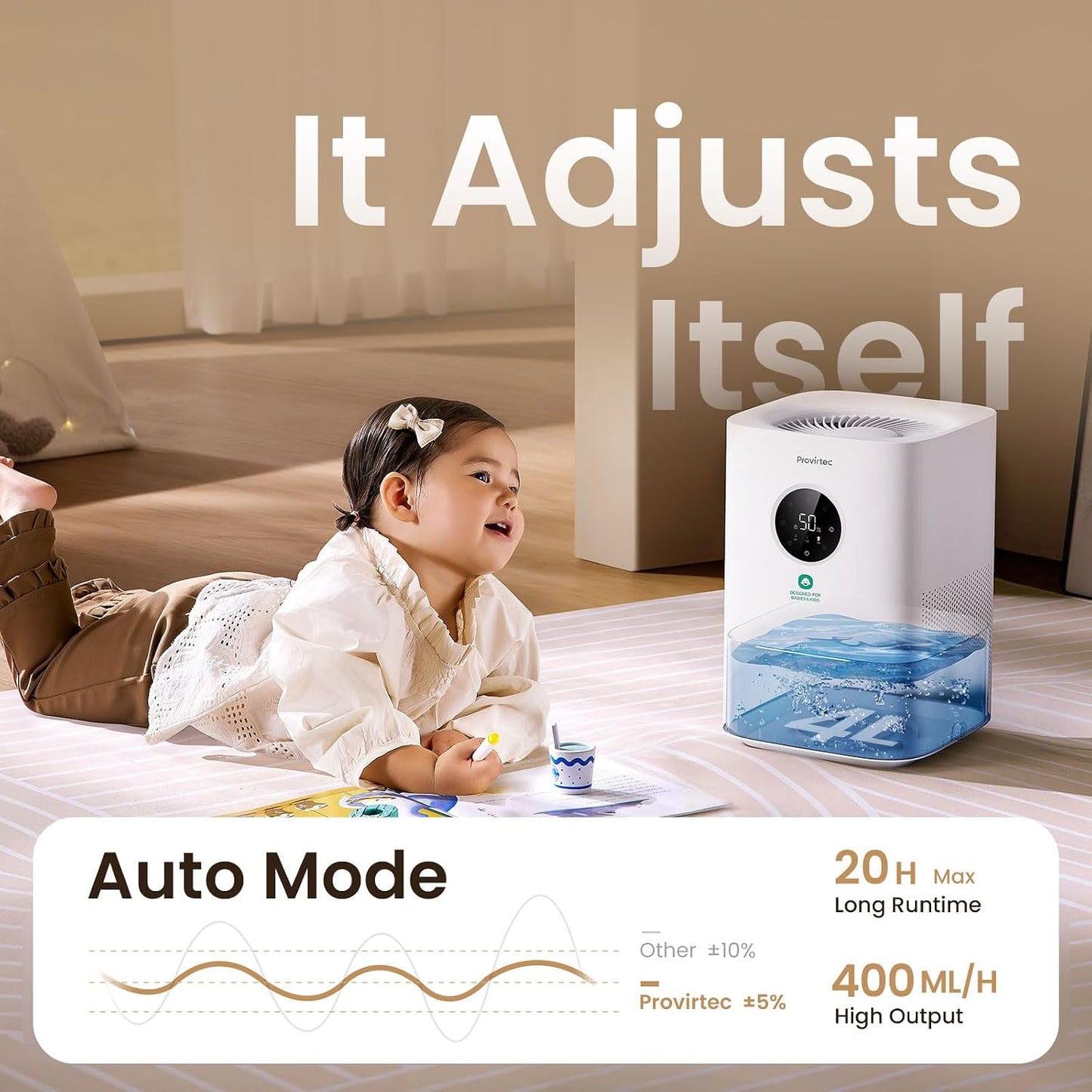 Provirtec Pro Baby Evaporative Humidifier for Bedroom, Easy Clean for Kids | MistFree & No White Dust, 3 Age-Modes, BPA-Free, 16dB Quiet Sleep Mode, Auto Humidity Control, 4L Tap Water Safe for Nursery