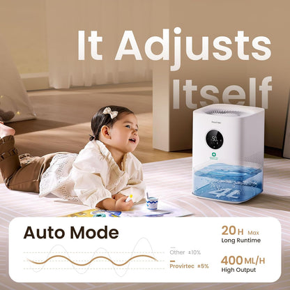 Provirtec Pro Baby Evaporative Humidifier for Bedroom, Easy Clean for Kids | MistFree & No White Dust, 3 Age-Modes, BPA-Free, 16dB Quiet Sleep Mode, Auto Humidity Control, 4L Tap Water Safe for Nursery