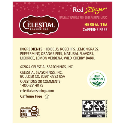 Celestial Seasonings Raspberry Zinger Herbal Tea, Caffeine Free, 20 Tea Bags Box