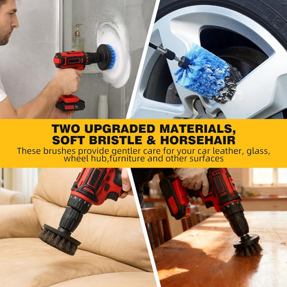 9 Pcs Drill Brush Attachments Set Fluffy Soft and Hard Bristles Horsehair Brush Cleaning Kit for Home Bathroom Car Kitchen Corners Sink Stubborn Stains Tiles