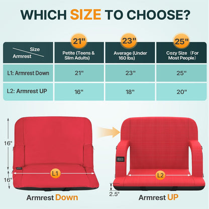 HOPERAN 25in Heated Stadium Seats for Bleachers, Dual Control, 2 PCS, Black | Independent Seat & Back 3 Level Heat (NO Battery), Soft Cushion, 6 Recliner, Anti-Slip, Side Pockets, Backpack Straps