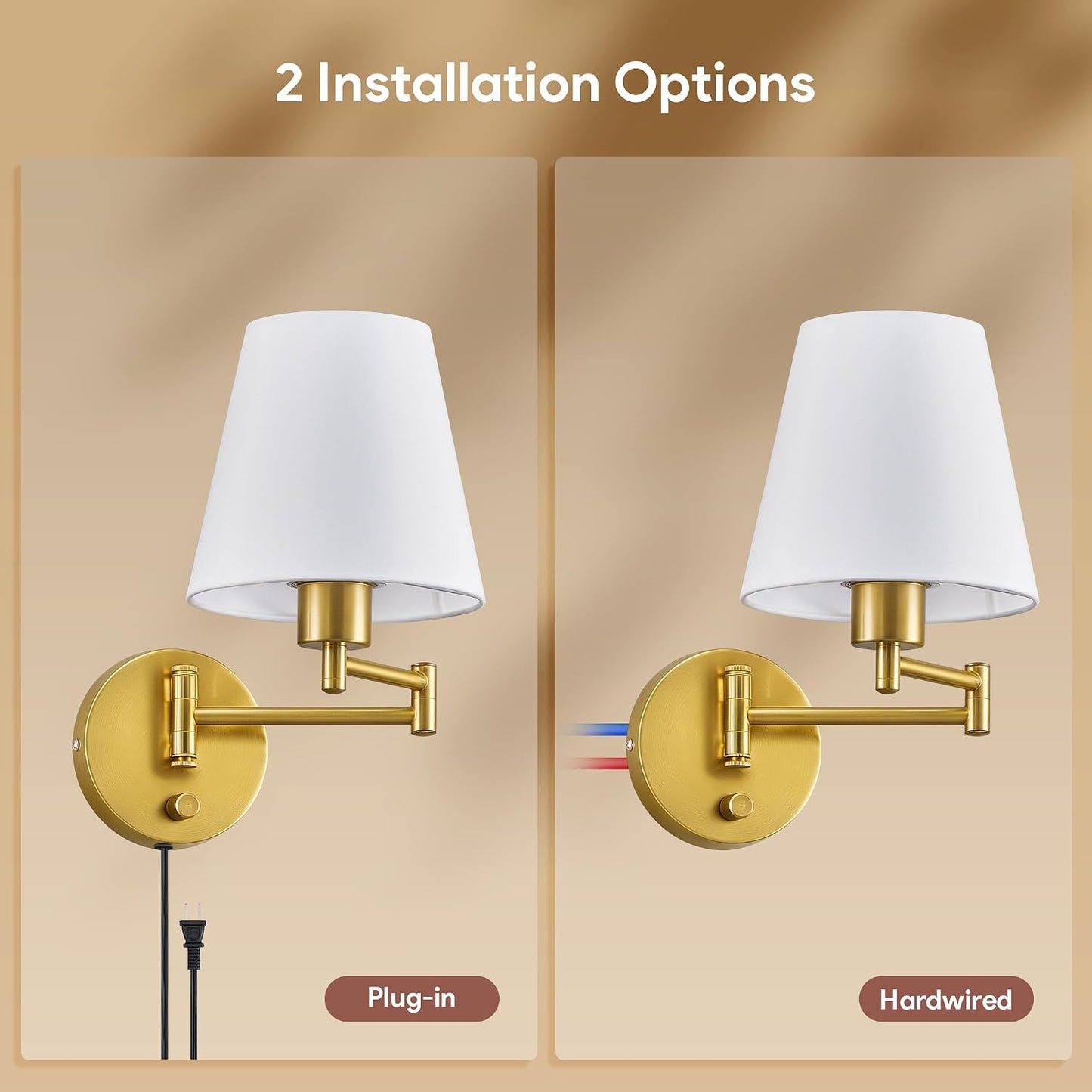 VONLUCE Wall Lamp, Plug in & Swing Arm Wall Sconce, Nickel Finish | Modern Wall Lights with White Fabric Shades, Plug in & Hardwired Wall Mounted Light for Bedside, Living Room, Hallway