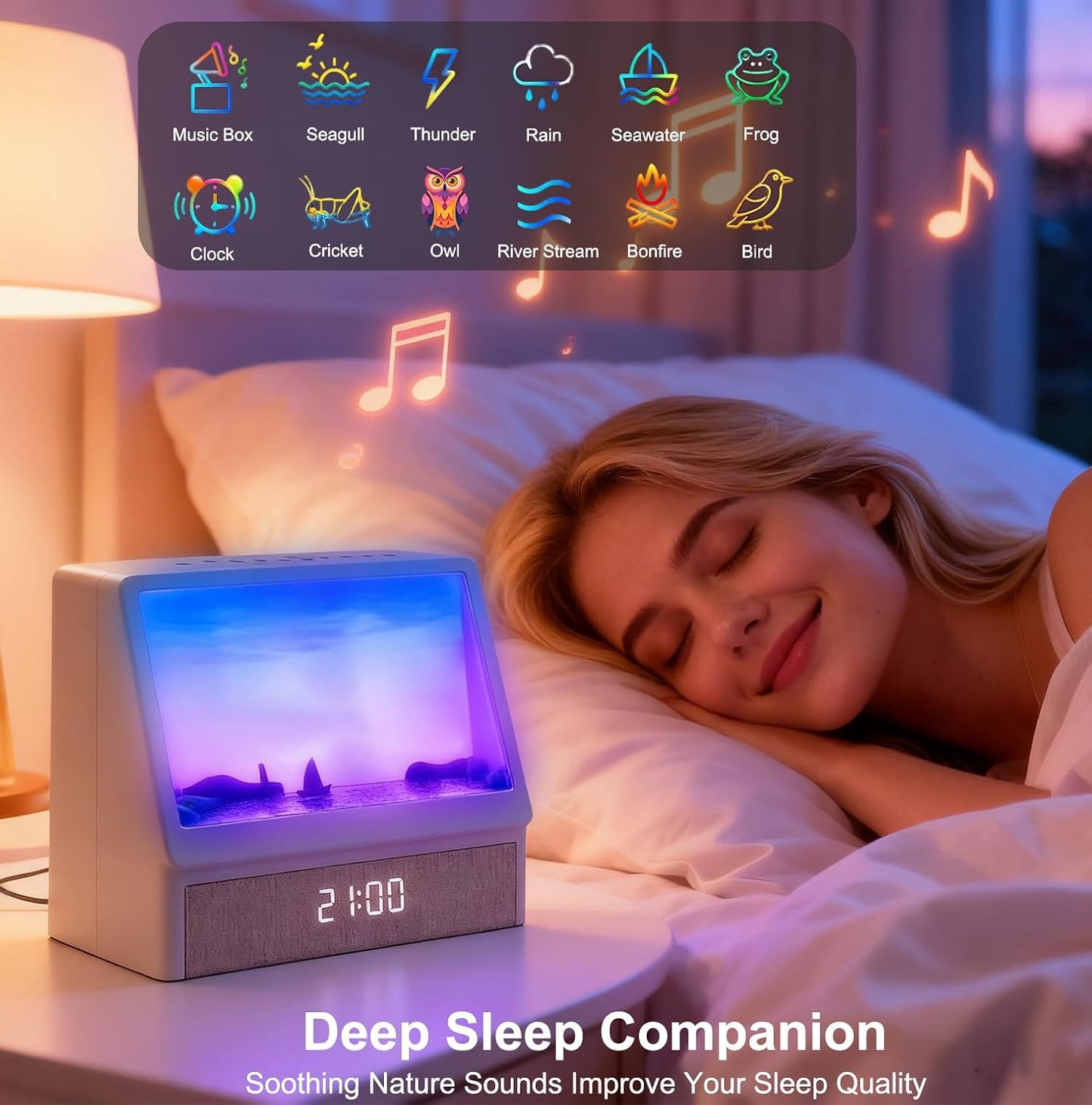 Sunrise Alarm Clock for Bedrooms, White Noise Machine Creative Simulated Sunrise Animation with 7 Modes, 12 Natural Sounds, Music Speaker & Remote, Wake Up Light Sunset Lamp Gifts for Heavy Sleepers