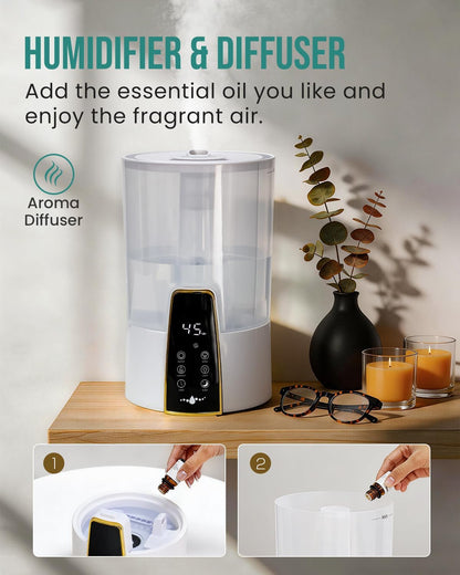 YOKEKON Humidifiers for Bedroom,1.06Gal(4L) Dishwasher Safe Design Easy to Clean,Top Fill,Night Light,Aroma Diffuser,Humidity Control,12H Timer,Sleep Mode,3 Level Mist,360° Nozzle,Home,Nursery,Black