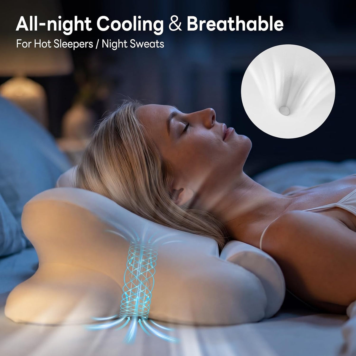 DUMOS 2-in-1 Contoured Neck Pillow, Slow Rebound Cooling Memory Foam with Detachable Round Support Roll, Multi Support Bolster for Neck Waist Ankle, Washable Cover for Side Back Stomach Sleepers White