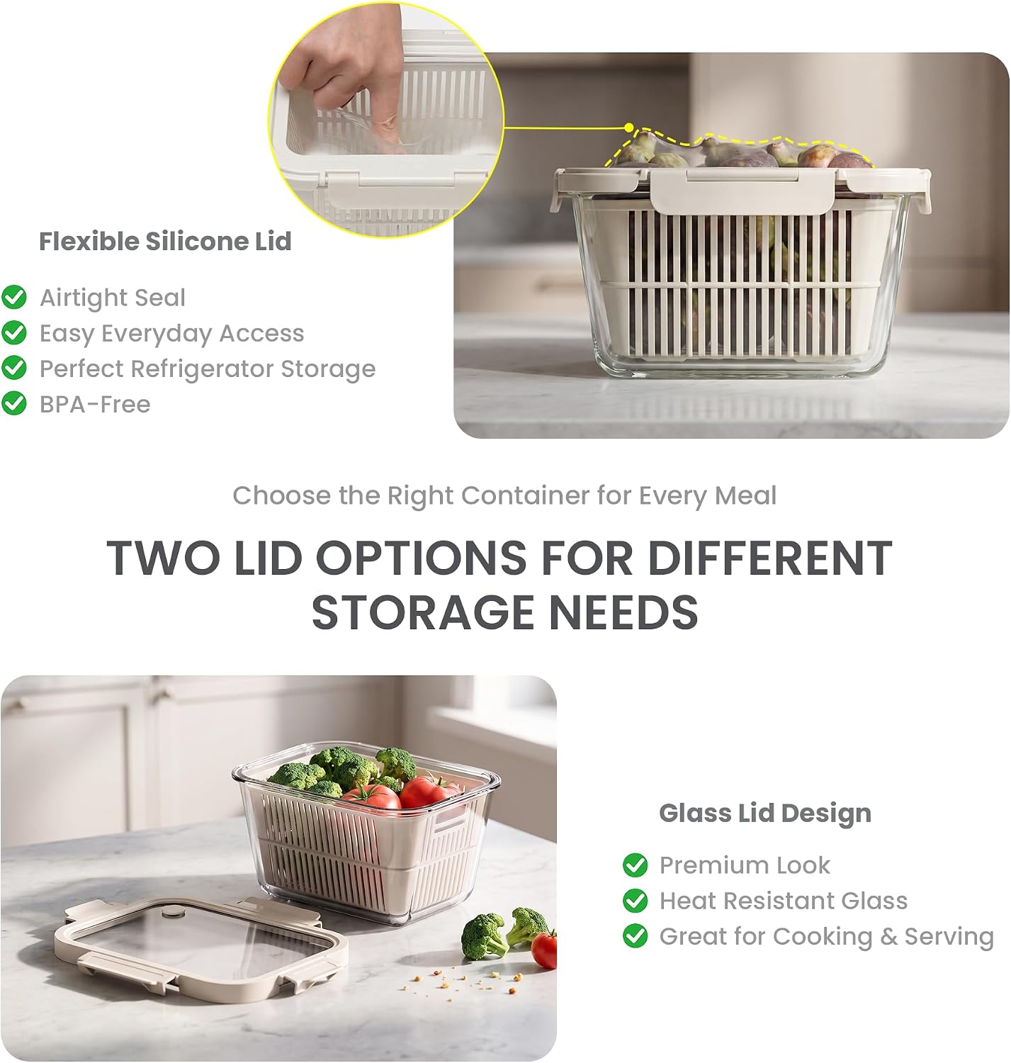 Glass Produce Storage Containers for Fridge, 2-Pack – Airtight Fruit & Vegetable Containers with Removable Colanders, Flexible Silicone Lids,LeakProof, BPA-Free Borosilicate Glass