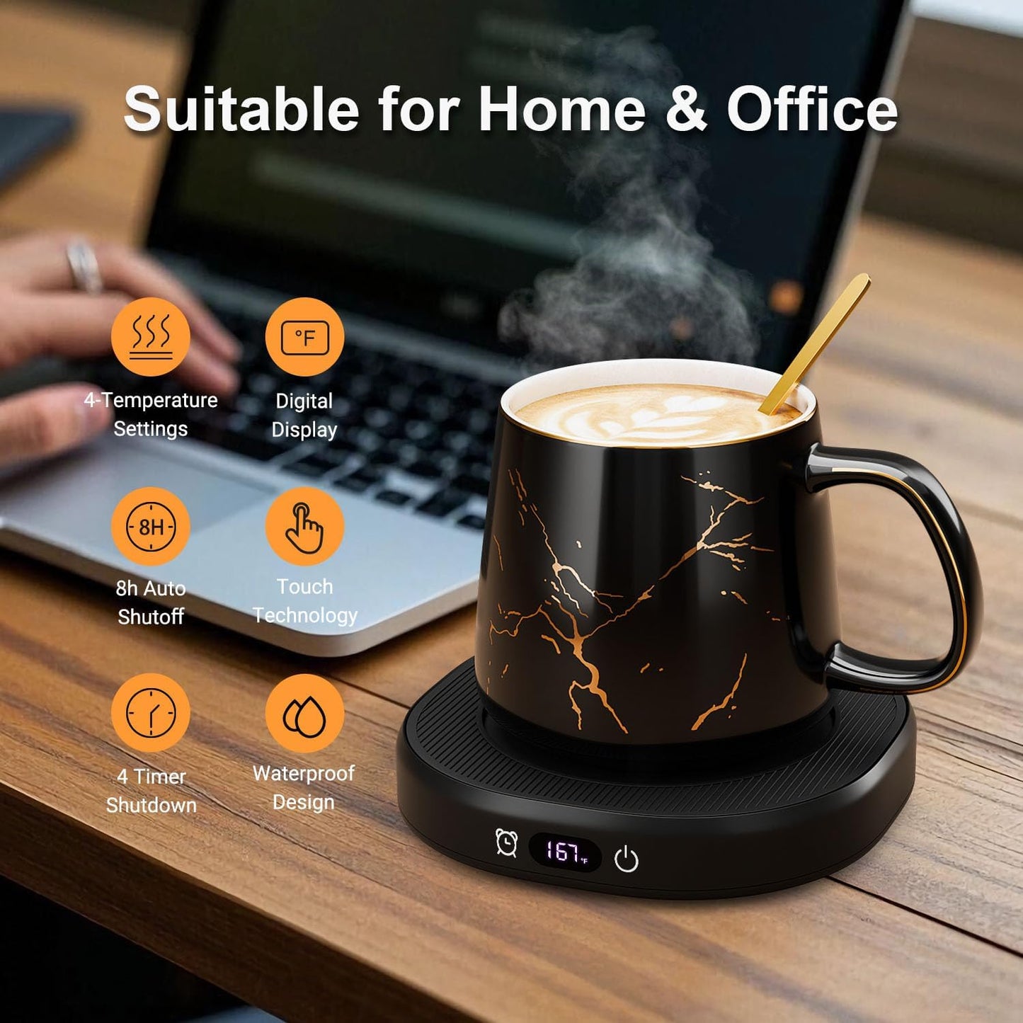 Coffee Mug Warmer & Pure Black Mug Set, Electric Cup Warmer for Desk | Beverage Warmer Plate for Coffee,Tea,4 Temperature Setting,8-Hours Auto Shut Off,14oz Mug with Spoon & Bamboo Lid Included