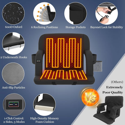 Seeutek Heated Stadium Seats for Bleachers with Back Support | 3 Level Heated Seat & Back (NO Battery), 6 Recline Positions, Soft Cushion, 5 Pockets, Foldable, Anti-Slip, Backpack Straps