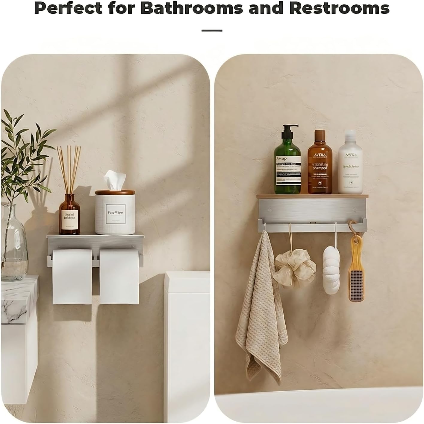 Double Toilet Paper Holder with Shelf, FreshGlow Large Tissue Holder Brushed Nickel, Wall Mount Commercial Toilet Paper Dispenser Phone Shelf Stainless Steel, Tissue Roll for Bathroom
