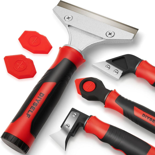 DIYSELF 4-in-1 Caulking Remover Tool, Silicone Caulking Tools for Tile, Red | Bathtub Caulking Tool, Shower Caulk Remover Tool, Razor Scraper for Tile, Grout, Windows & Home Repairs