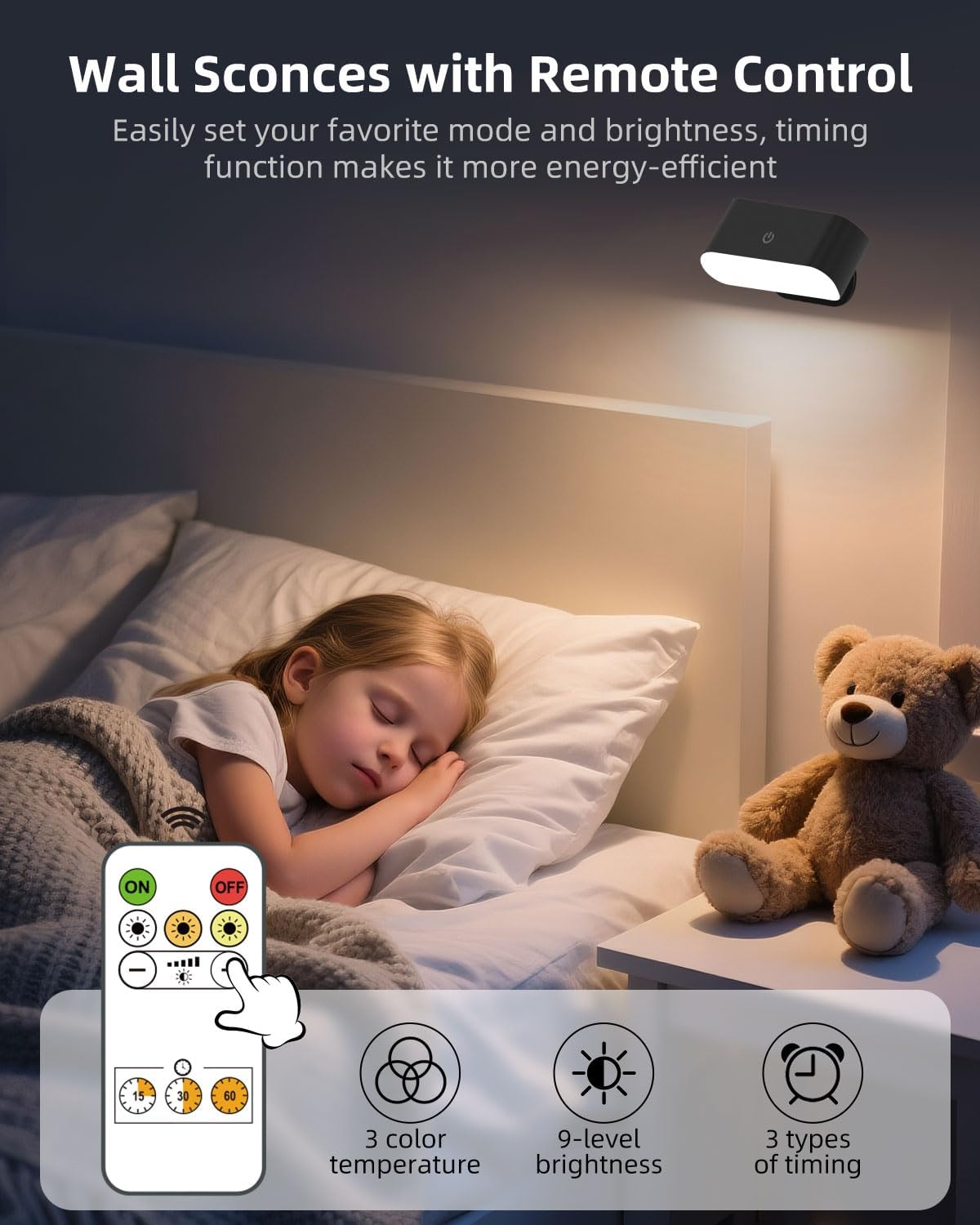 Battery Operated Wall Sconce Set of 2, Rechargeable LED Wall Mounted Light with Remote Control, Stick On Magnetic Wall Lights for Bedroom, 3 Modes Dimmable Bedside Reading Wall Lamps for Bedroom | Rechargeable Wall Lights, 3 Lighting Modes, Easy Stick-on