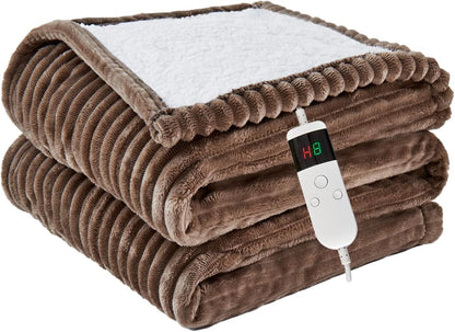 Heated Blanket Electric Throw, Soft Flannel Heating Blanket with 8 Hours Auto Off 10 Fast Heating Levels Machine Washable Sherpa Heated Blanket with Overheating Protection