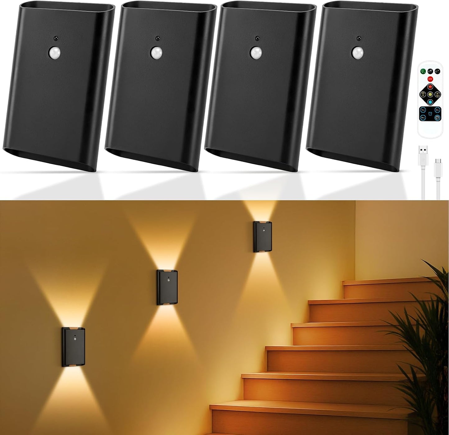 Eneru Motion Sensor Wall Sconce, Rechargeable Wireless Lights Indoor 2 Pack | 5000mAh battery powered, remote 3CCT dimmable, cordless magnetic mount, motion night light for hallway closet bathroom stair