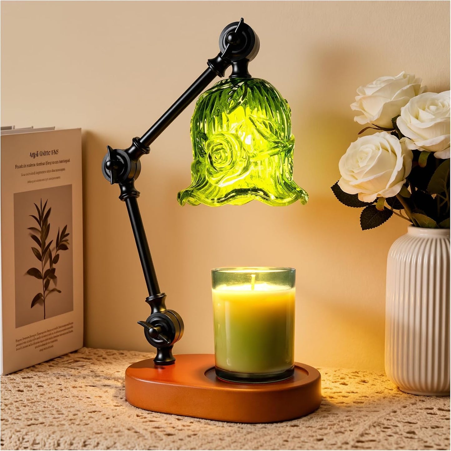 Candle Warmer Lamp, Dimmable Wax Melting Warmer with Adjustable Height, Bedroom Living Room Home Decor, Birthday Relaxation Gifts for Women (Green, Wave)