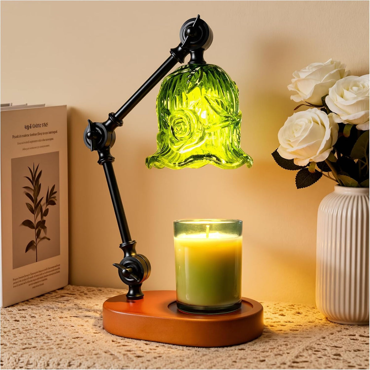 Candle Warmer Lamp, Dimmable Wax Melting Warmer with Adjustable Height, Bedroom Living Room Home Decor, Birthday Relaxation Gifts for Women (Green, Wave)