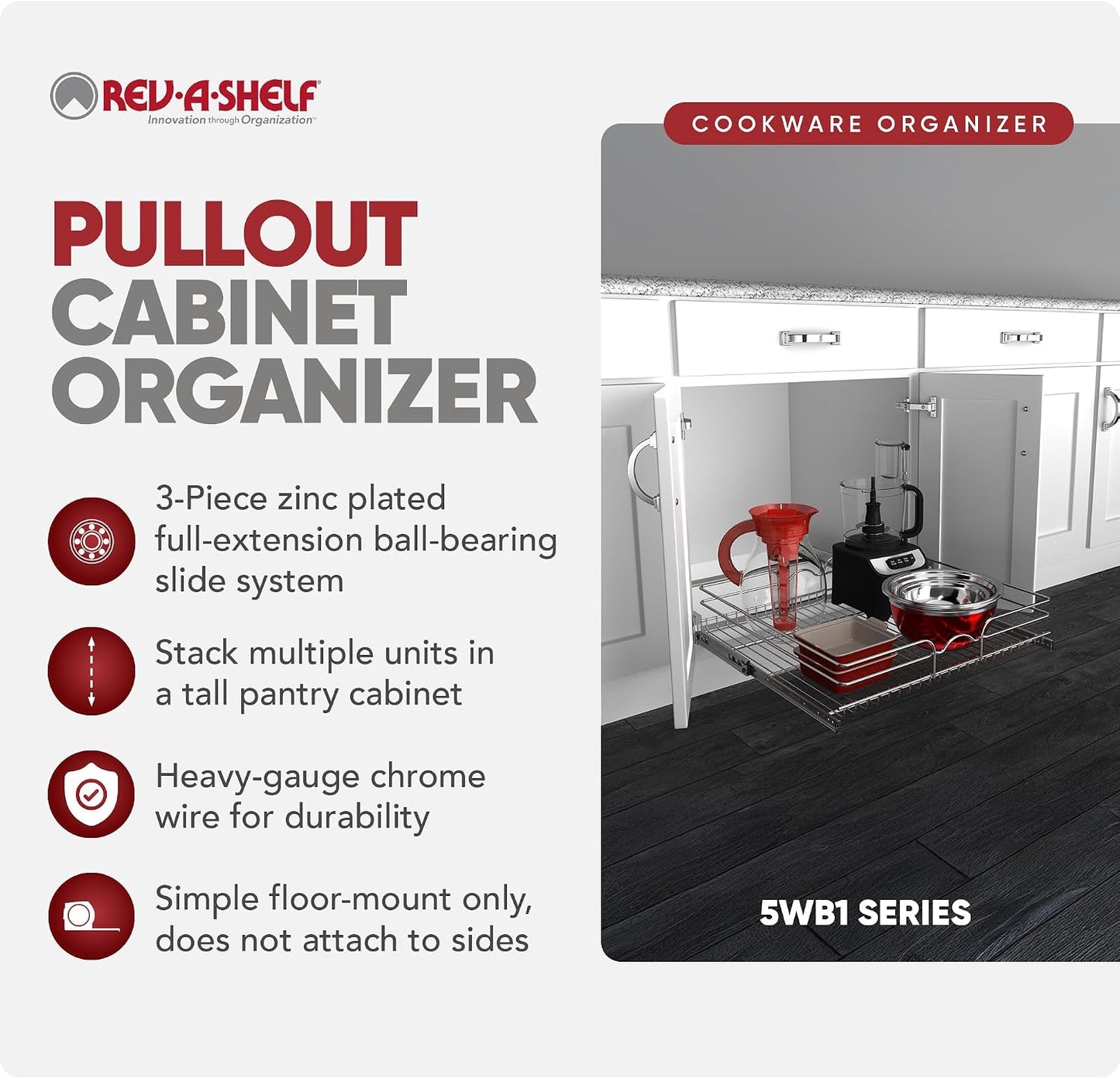 Rev-A-Shelf Pullout Organizer for Cabinets, Min Opening Width of 18" | STwo-Tier Steel Shelf for Kitchen or Vanity Cabinet Organization, Heavy Gauge Wire Slide Out Storage Basket, 5WB2-1822CR-1