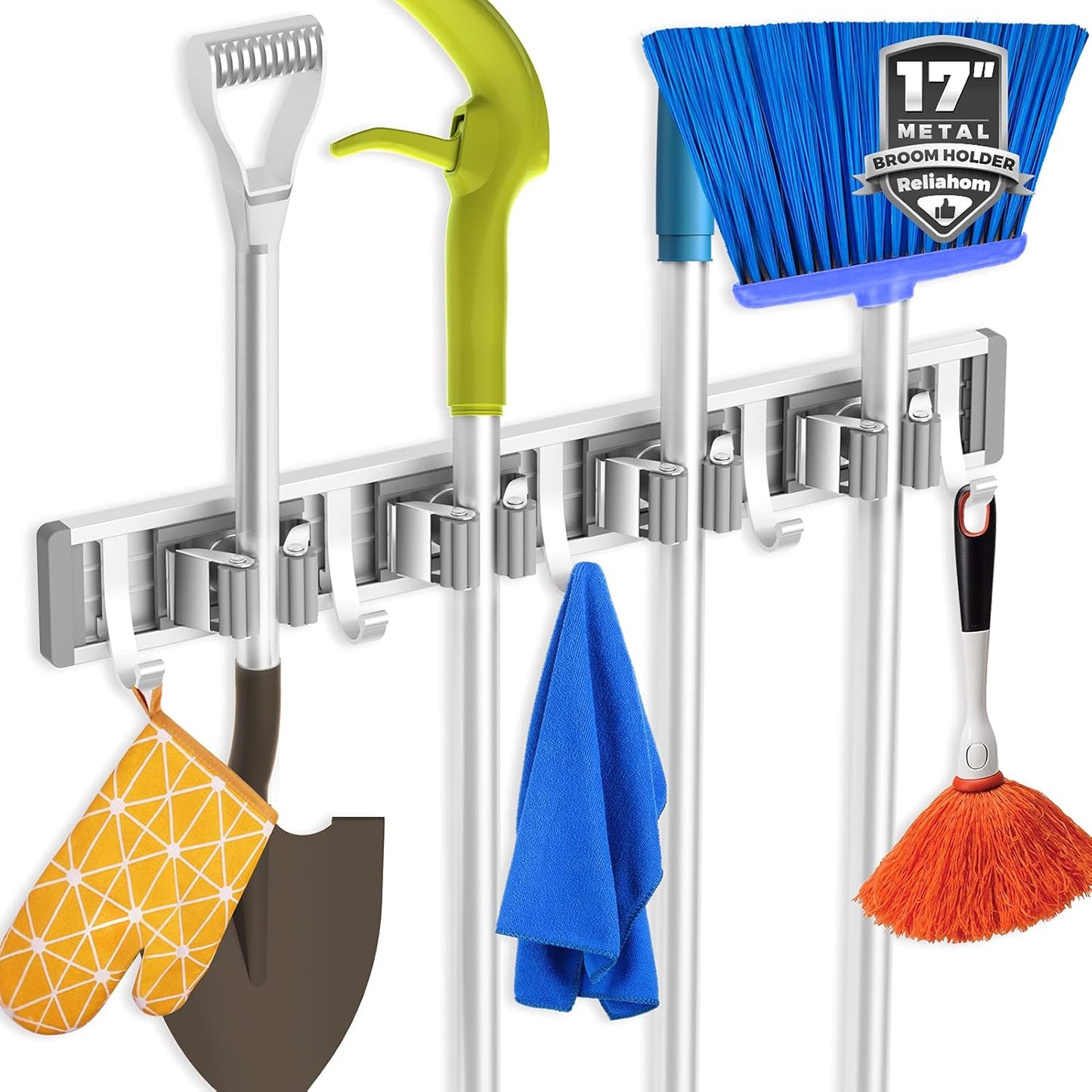 reliahom Broom Holder Wall Mount Mop Hanger Tools organizer 5Racks 4Hooks | Adjustable Mop Broom Wall Hanging Heavy duty Tools Storage Rack Space-saving for Garage,Kitchen,Laundry Room,Garden, Silver