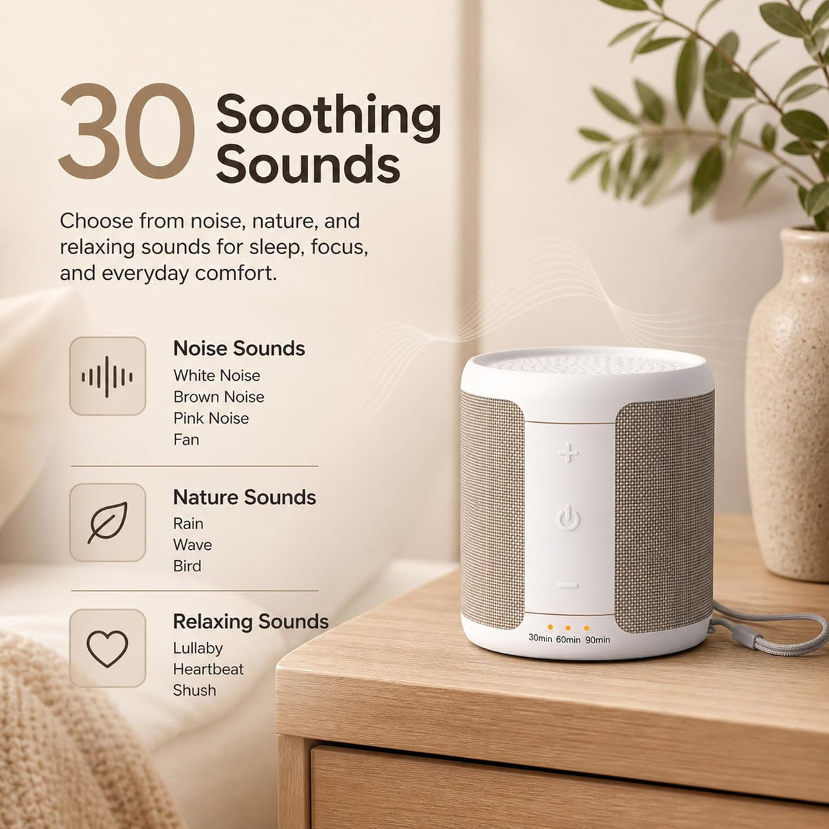 Portable White Noise Machine, 30 Sounds, USB-C, 12H Battery, Mini Travel