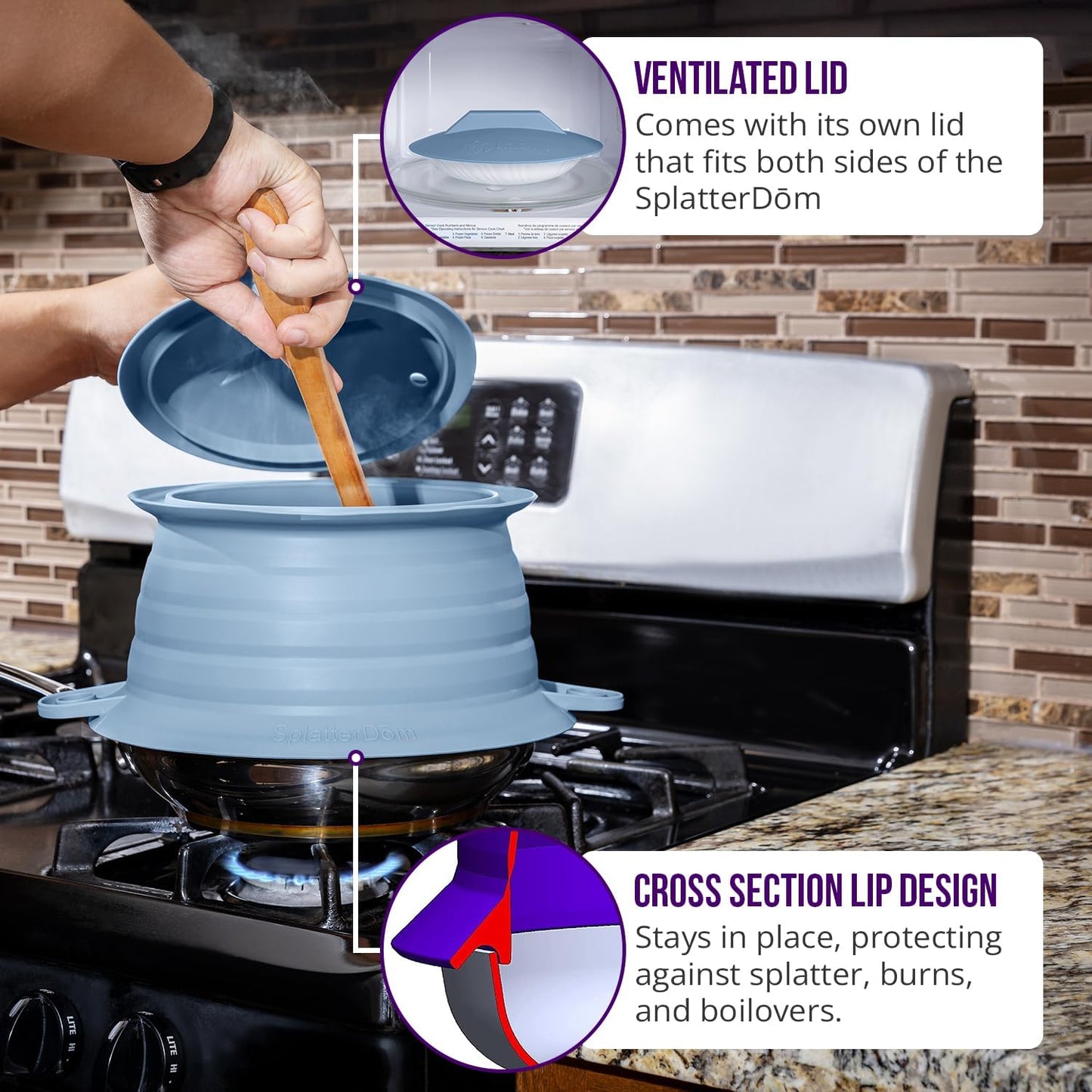 L.I.Q. Silicone Splatter Guard, Durable SplatterDom, Blue Steel, Large | 10 and 12 Inch Pots, 10'' Lid, Food and Oil Splash Guard for Cooking, Easy to Clean and Store, BPA-Free, Microwave Safe