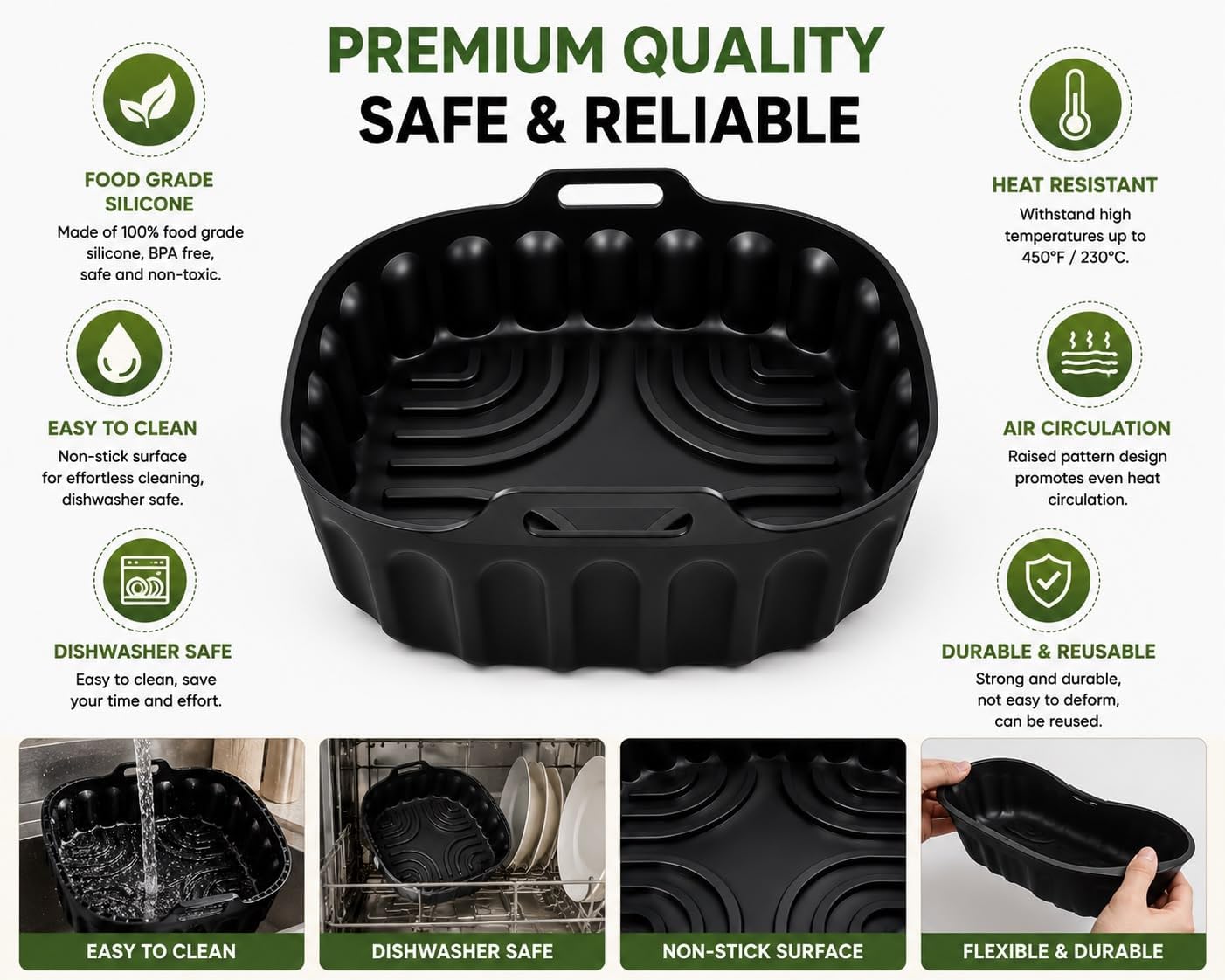 HBH Enterprises Silicone Air Fryer Liner for 5–6 QT Air Fryers, Reusable Food Grade Silicone Basket, Non-Stick, Dishwasher Safe, Heat Resistant to 450°F, Air Fryer Accessory, Black