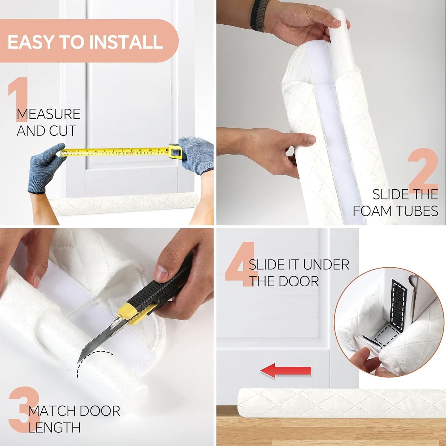 New Velvet Door Draft Stoppers for Bottom of Door,Bottom Door Gap Filler & Seal,Fits 30-36”Under Doors, Easy Install to Block Noise, Sound, Hot Air, Light, Wind (White, Upgrade Thick Version)