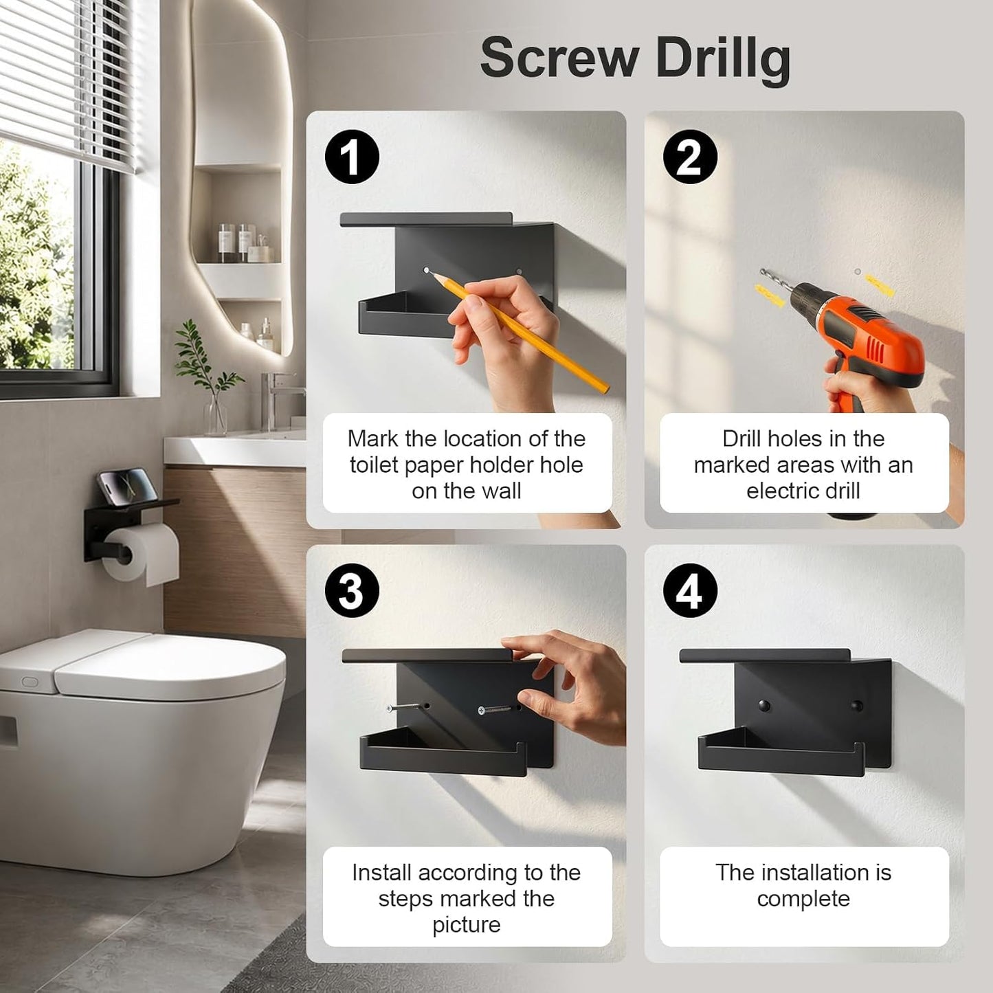 Matte Black Toilet Paper Holder with Shelf | No-Drill Adhesive Wall Mount, Rustproof，For Bathroom, Washroom, RV, Kitchen, Washroom, Convenient Storage Shelf
