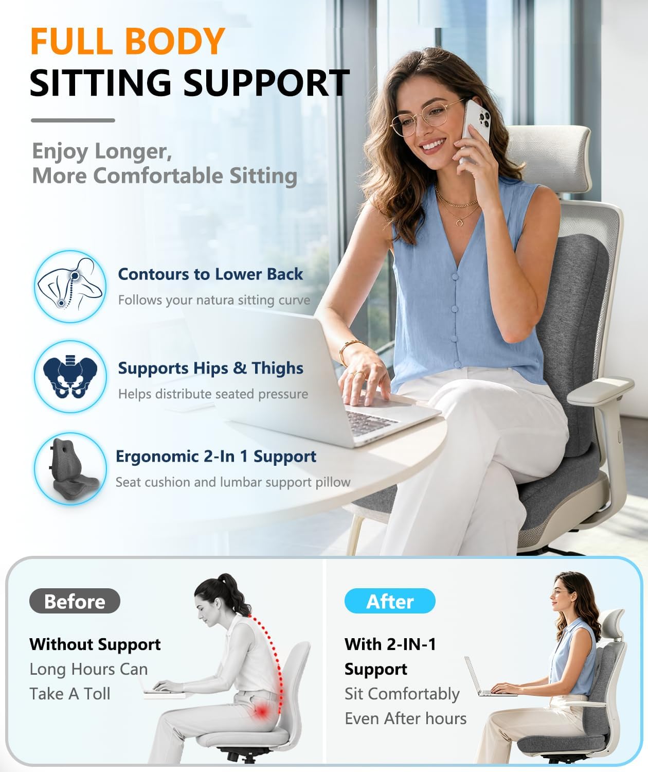 Lumbar Support Pillow & Seat Cushion for Office Chair, Memory Foam Office Chair Cushion for Tailbone Pain Relief and Lower Back Support, Ergonomic Desk Chair Cushion for Gaming,Wheelchair,Home