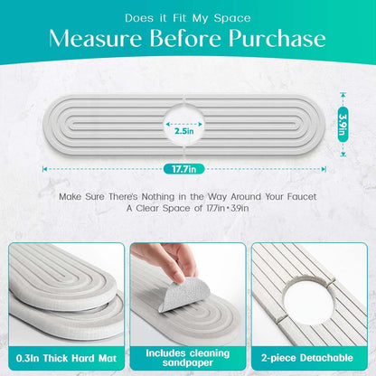 Stone Faucet Mat for Kitchen Sink – Diatomite Fast-Drying Stone Tray, Faucet Mat Sink Splash Guard, Decorative Sink Protector for Kitchen Bathroom Counter (Light Grey, 20''x3.9'')