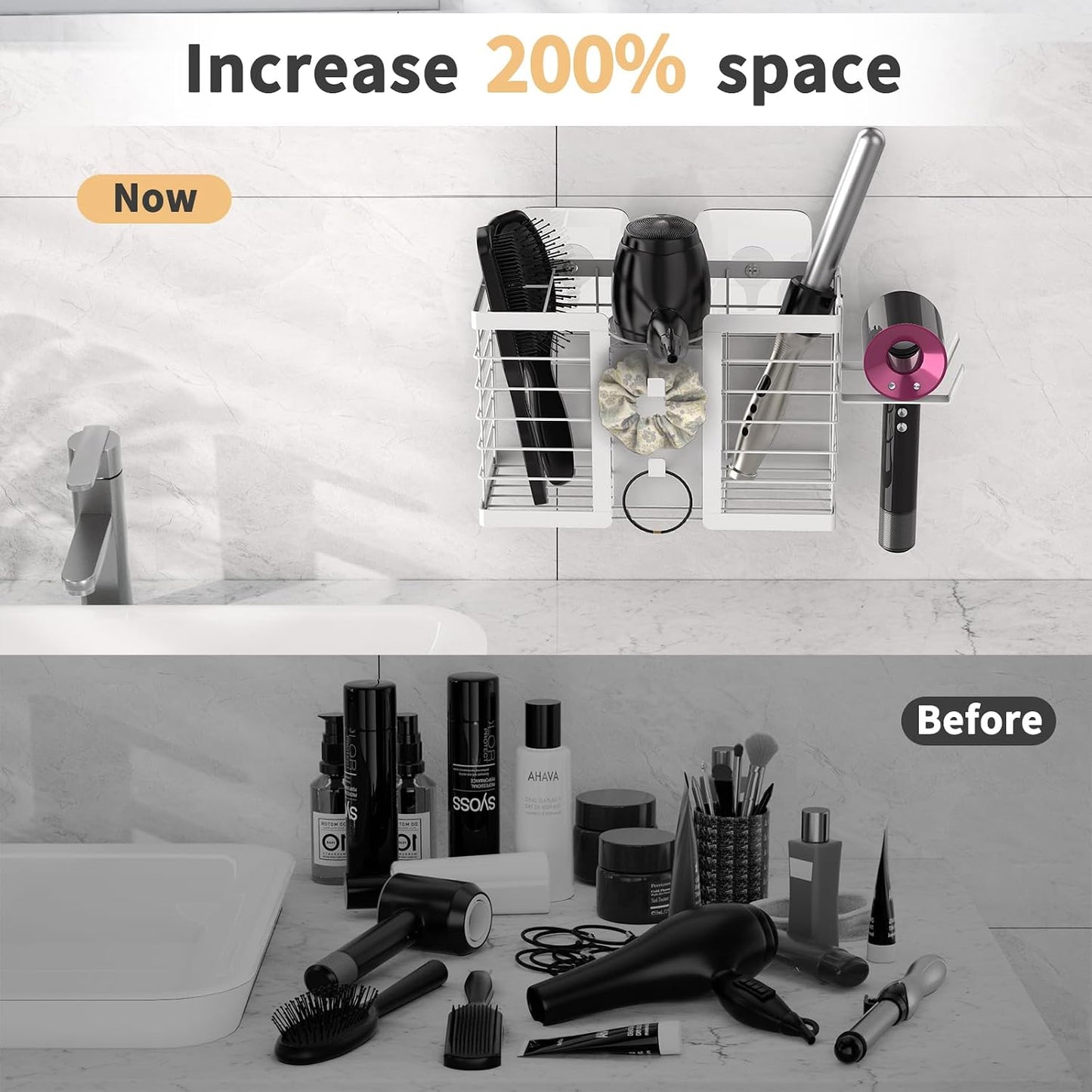 FUNKYLEE Hair Tool Organizer, 3 in 1 Metal Hair Dryer Holder Wall Mounted for Flat Iron, Curling Iron, Straightener, Styling Tools Bathroom Storage and Organizer (Black)