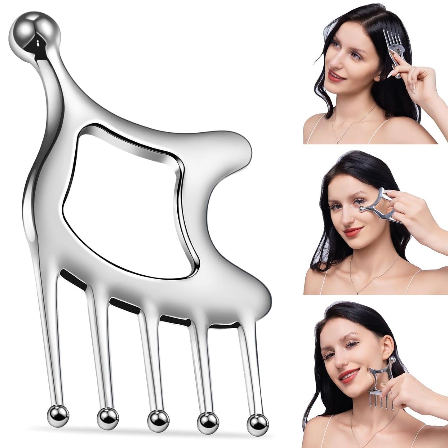 Stainless Steel Gua Sha Tool; Portable Scalp Massage Tool | 5 IN 1 Gua Sha Facial Tool For Head, Neck, Arms & Scalp Massage; Head Spa Tools For Women Deep Relaxation & Home SPA Use