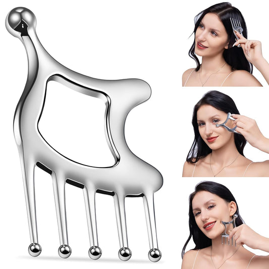 Stainless Steel Gua Sha Tool; Portable Scalp Massage Tool | 5 IN 1 Gua Sha Facial Tool For Head, Neck, Arms & Scalp Massage; Head Spa Tools For Women Deep Relaxation & Home SPA Use
