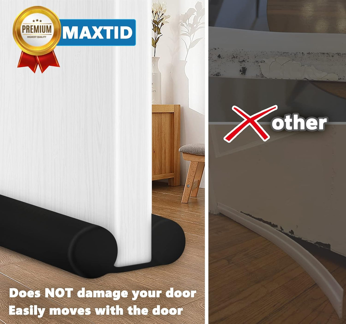 MAXTID Under Door Draft Stopper for Bottom of Doors 38" Black | Door Blocker Noise Reduce Light Cold Air Guard Breeze Sound Proof Door Sweep Door Seal Insulation Strip Gap Filler