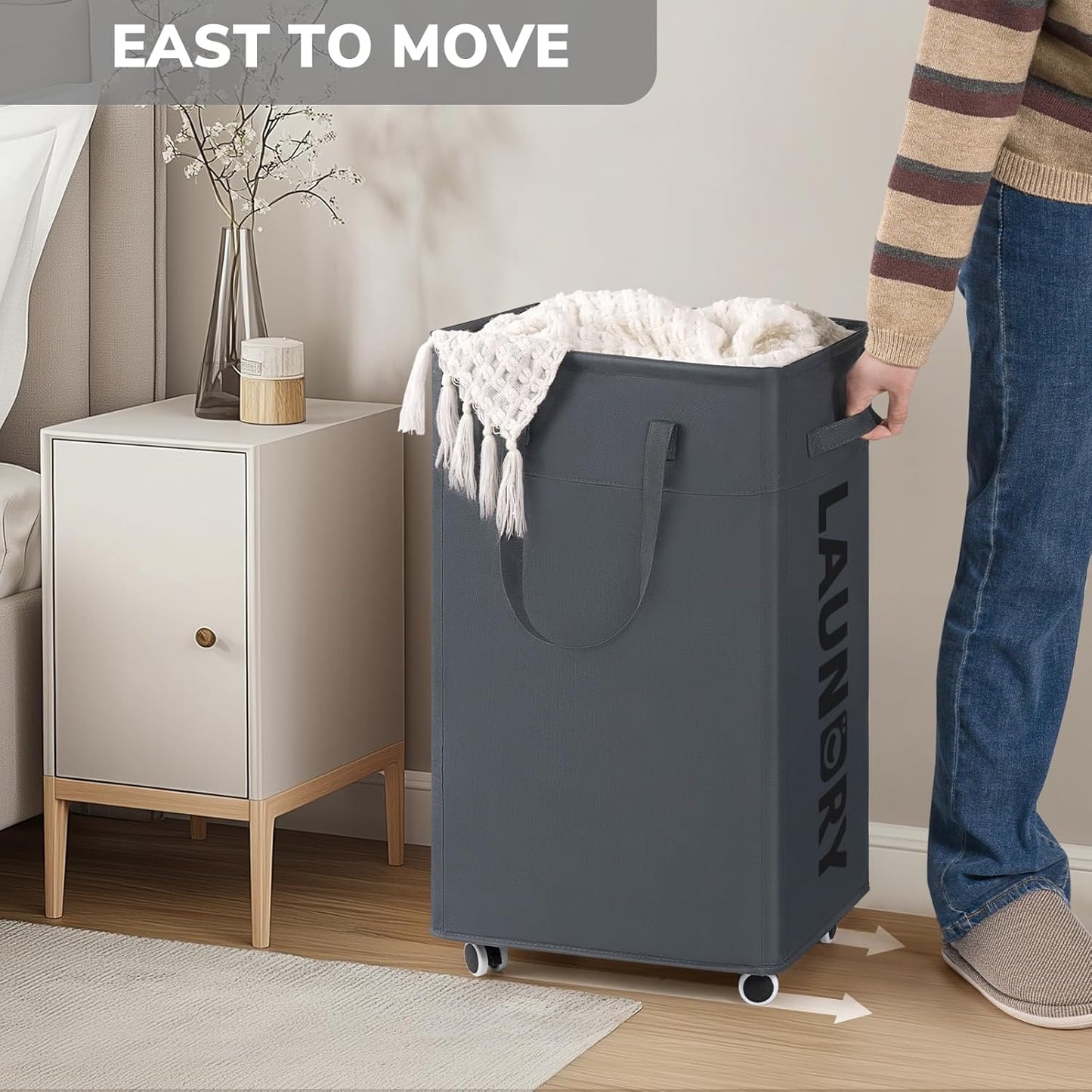 Goodpick 75L Laundry Basket with Wheels & Removable Wash Bag for Dorm | Rolling Laundry Basket with Handles for Dirty Clothes, Fodable Hamper for Laundry Room, Dorm Room Essentials, Grey