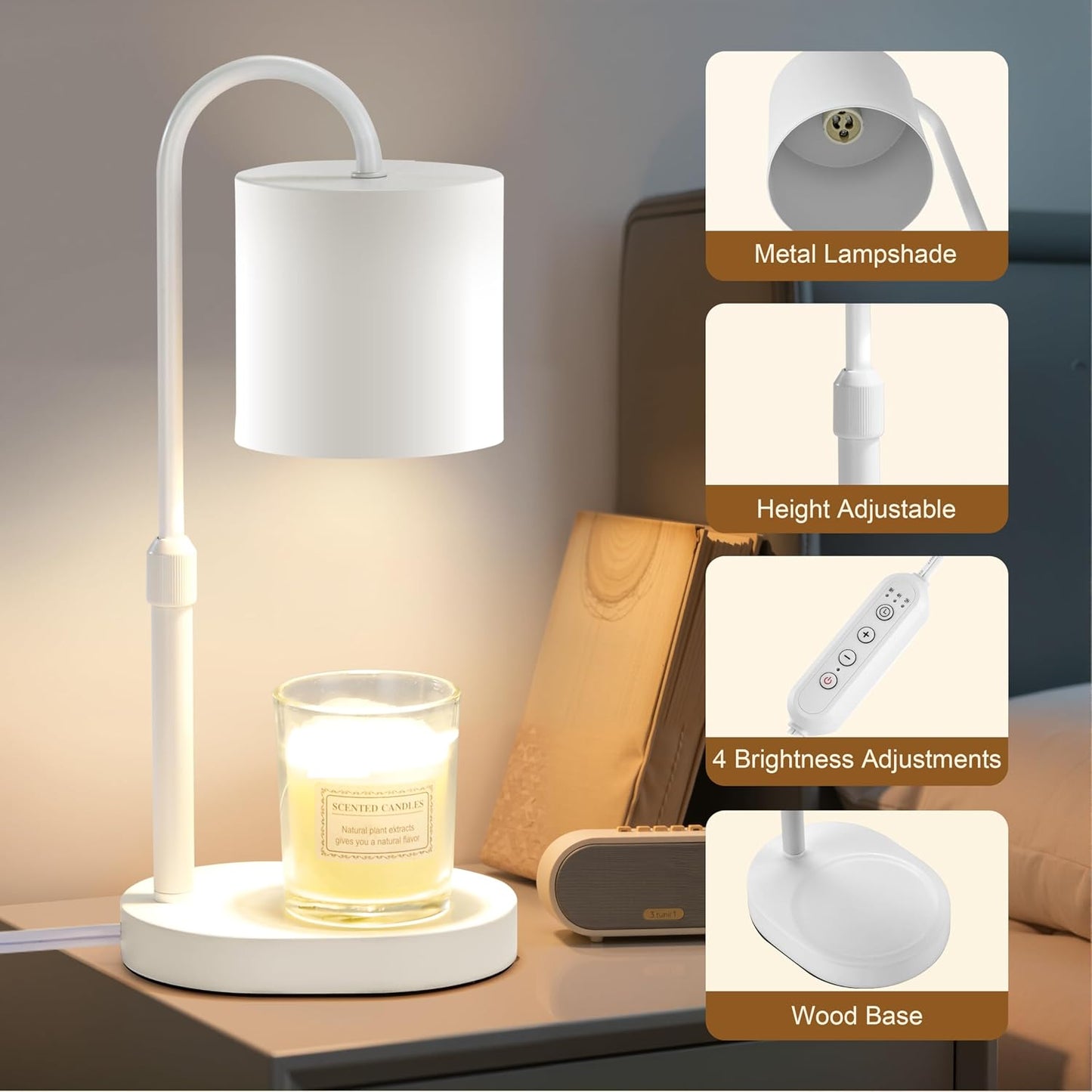 Dreamholder Electric Candle Warmer Lamp with Timer & Dimmer, Adjustable Height Wax Melt Warmer for Jar Candles, Wood Base Candle Melter, Floral Home Decor Gifts for Women, Mom, Natural Wood
