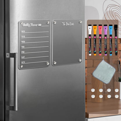 2 Pack Magnetic Acrylic Fridge Calendar Whiteboard Weekly Planner | Weekly Calendar & To-Do List Set. Includes 6 Markers, Towel, 2 Black Backings & 8 Nano Silicone Pads.