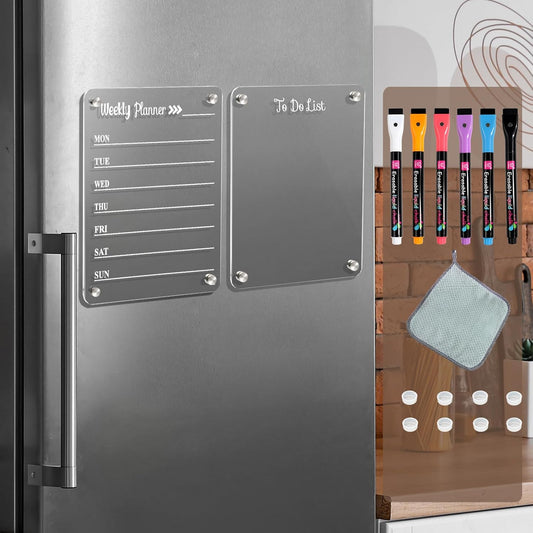 2 Pack Magnetic Acrylic Fridge Calendar Whiteboard Weekly Planner | Weekly Calendar & To-Do List Set. Includes 6 Markers, Towel, 2 Black Backings & 8 Nano Silicone Pads.