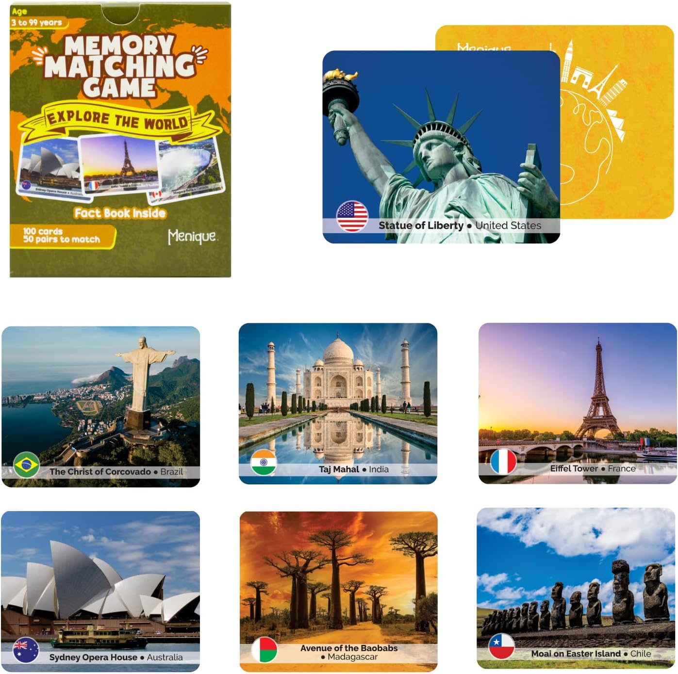 Menique Explore the World Memory Matching Game – 100 Cards (50 Pairs) with Famous Landmarks from 50 Countries – Includes Flag, Country & Place – Educational Geography Game + Informative Booklet